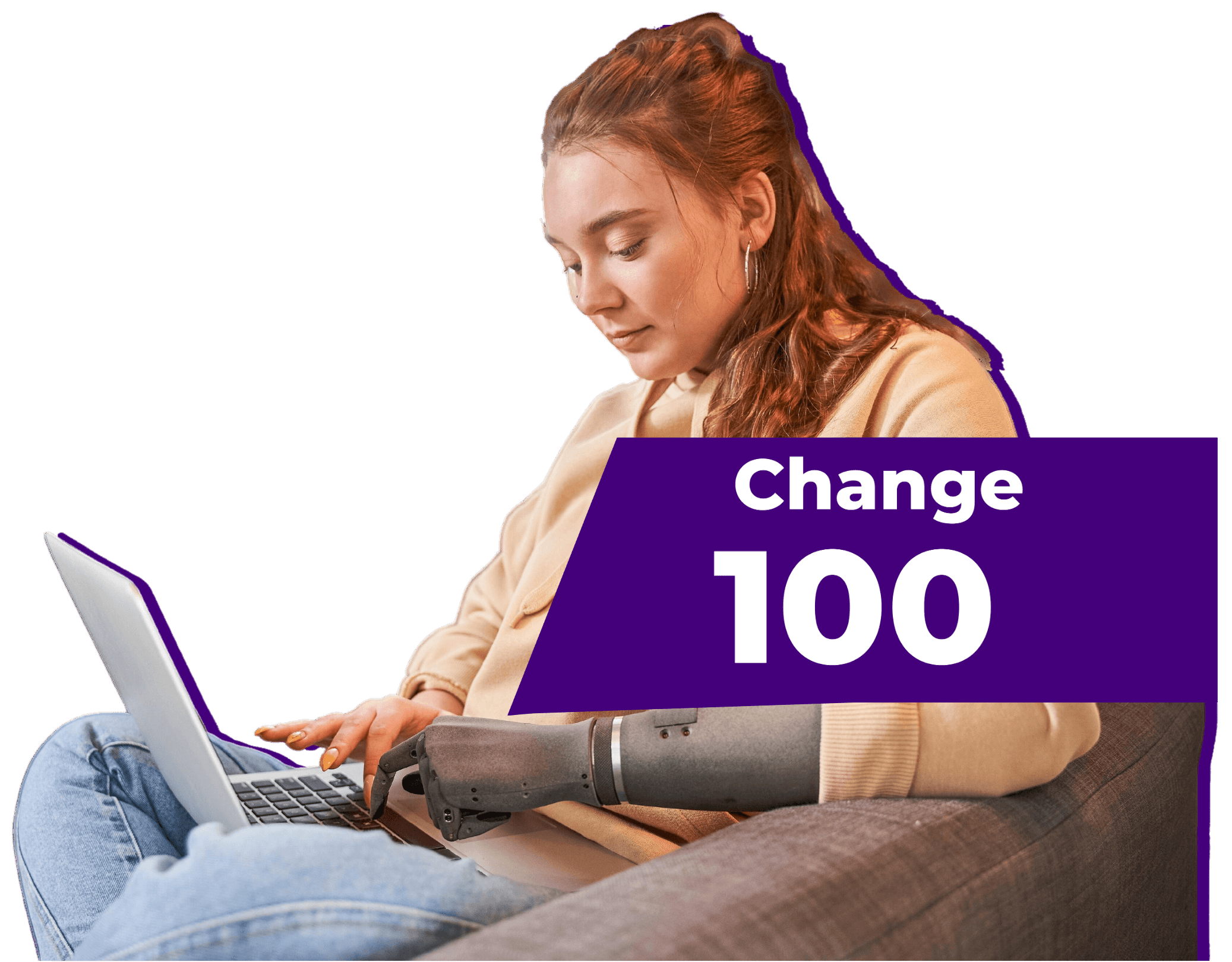 A young woman working on a laptop with Change 100 branding.